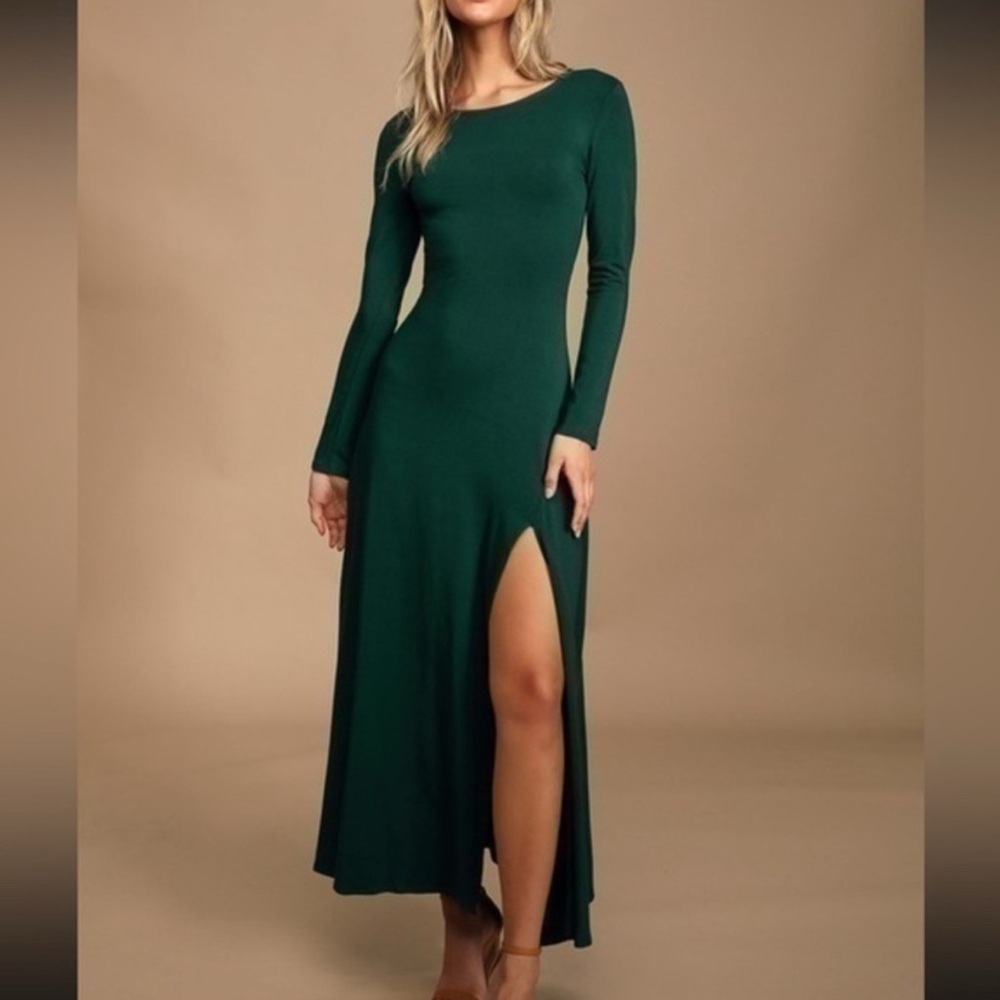 Lulus Swept Away Green Long Sleeve Maxi Dress Large Front Slit Size L